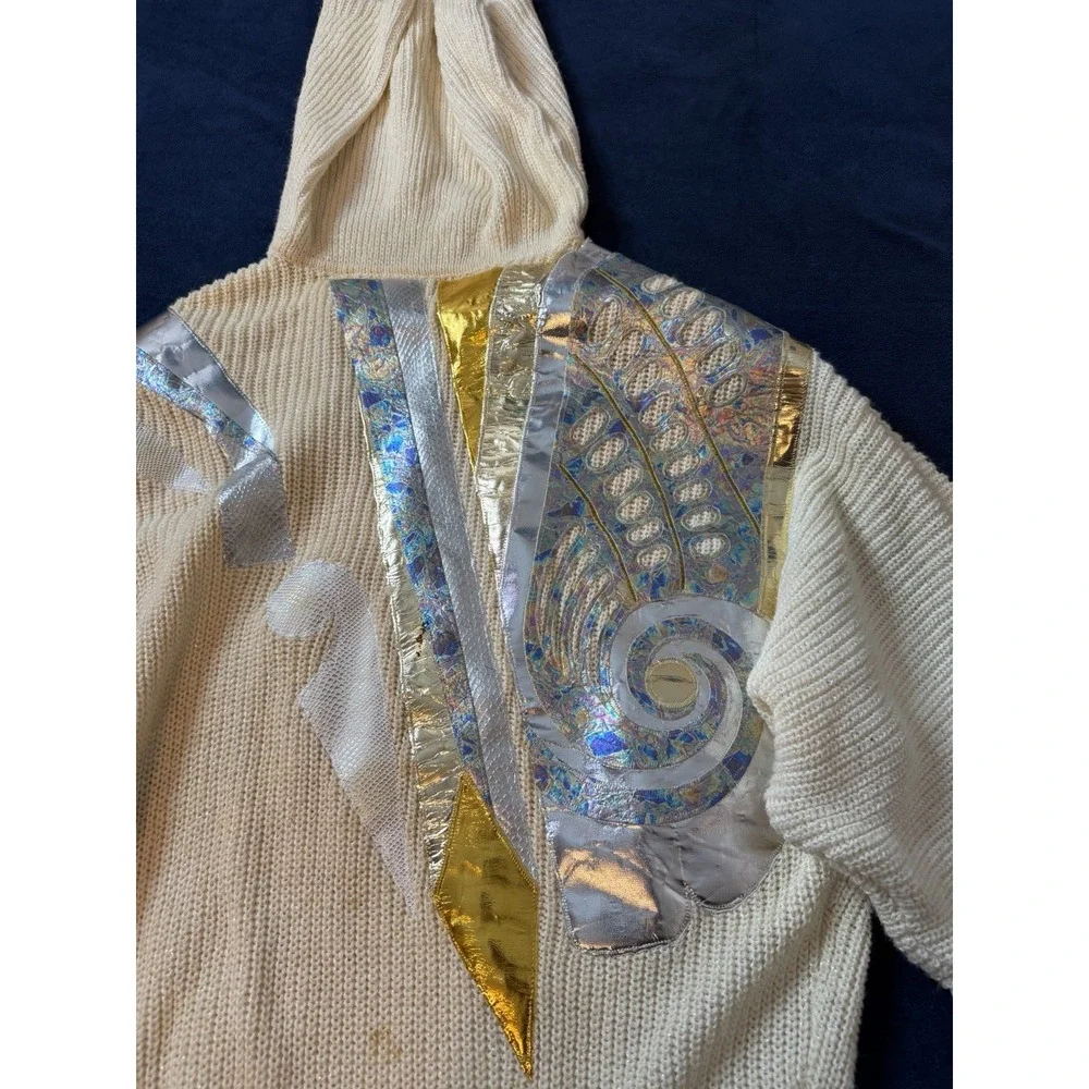 Vtg Bonnie Boerer & Co Knitted Cream Sweater Womens M Ivory Metallic Applique